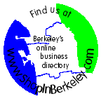 Logo showing the city of Berkeley with the worlds "Find us at Berkeley's online business directory www.shopinberkeley.com"